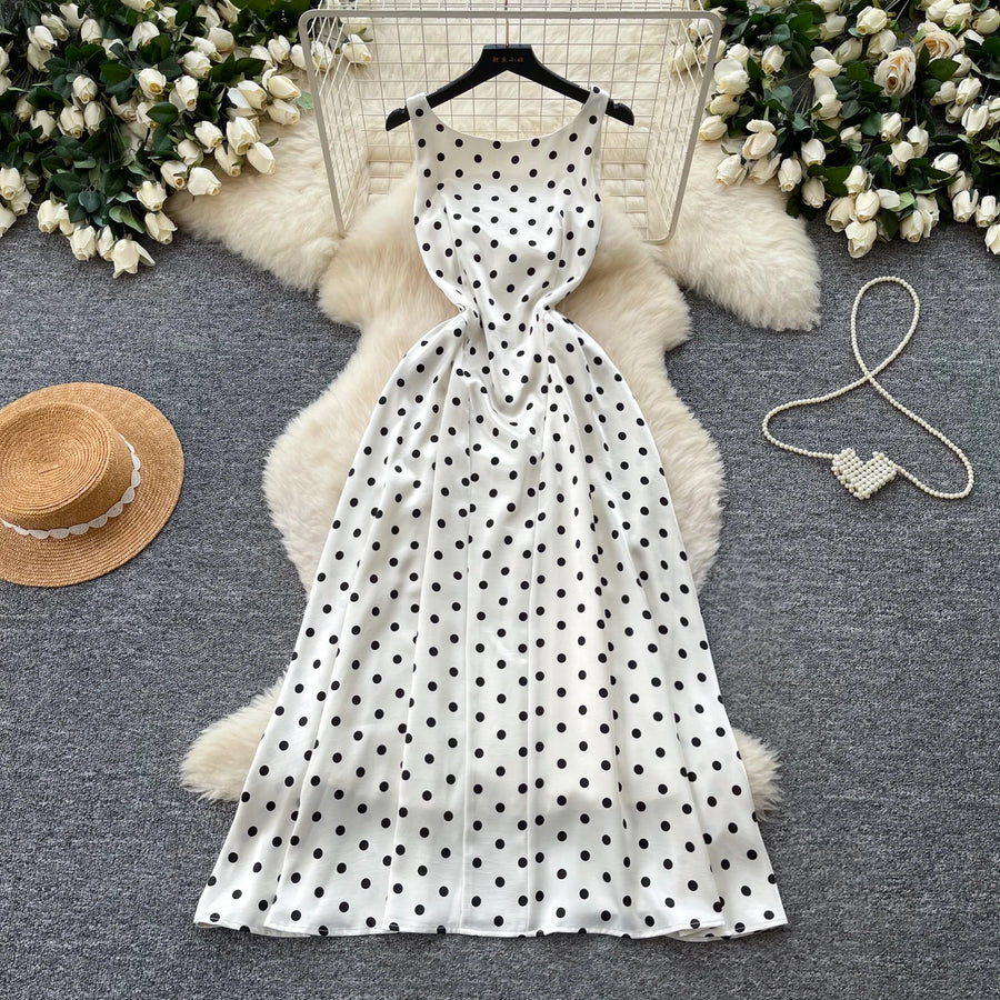 Sexy Backless Polka Dot Maxi Dress High Waist Slimming Summer Korean Style Sleeveless Women's Dress