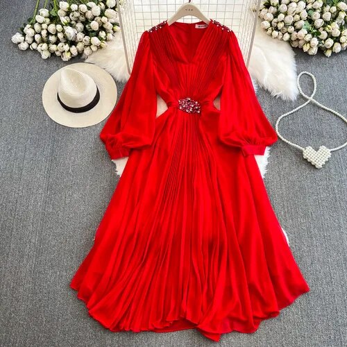 High Quality Purple/Black/Red Diamonds Draped Pleated Chiffon Elegant Puff Sleeve Long Dress Red / L High Quality Purple/Black/Red Diamonds Draped Pleated Chiffon Elegant Puff Sleeve Long Dress Red / L