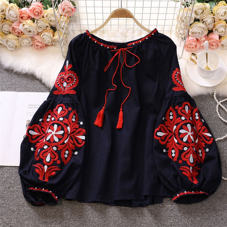 High Quality Lantern Sleeve V Neck Embroidery Shirt