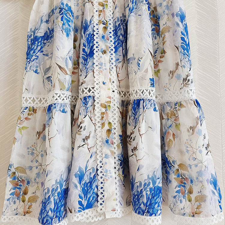 Stand Collar Blue Flower Print Hollow Out Ruffles Prairie Elegant Loose High Quality Maxi Dress