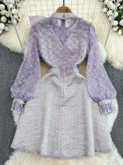 Elegant Long Sleeve Stand Collar Big Bow Tweed A-line Dress High Quality Embroidery