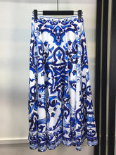 Blue and White Porcelain Two Piece Set Spaghetti Strap Zipper Print Crop Top+Long Skirt High Quality