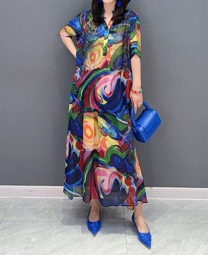 Multicolor three quarter sleeve midi dress with high quality belt