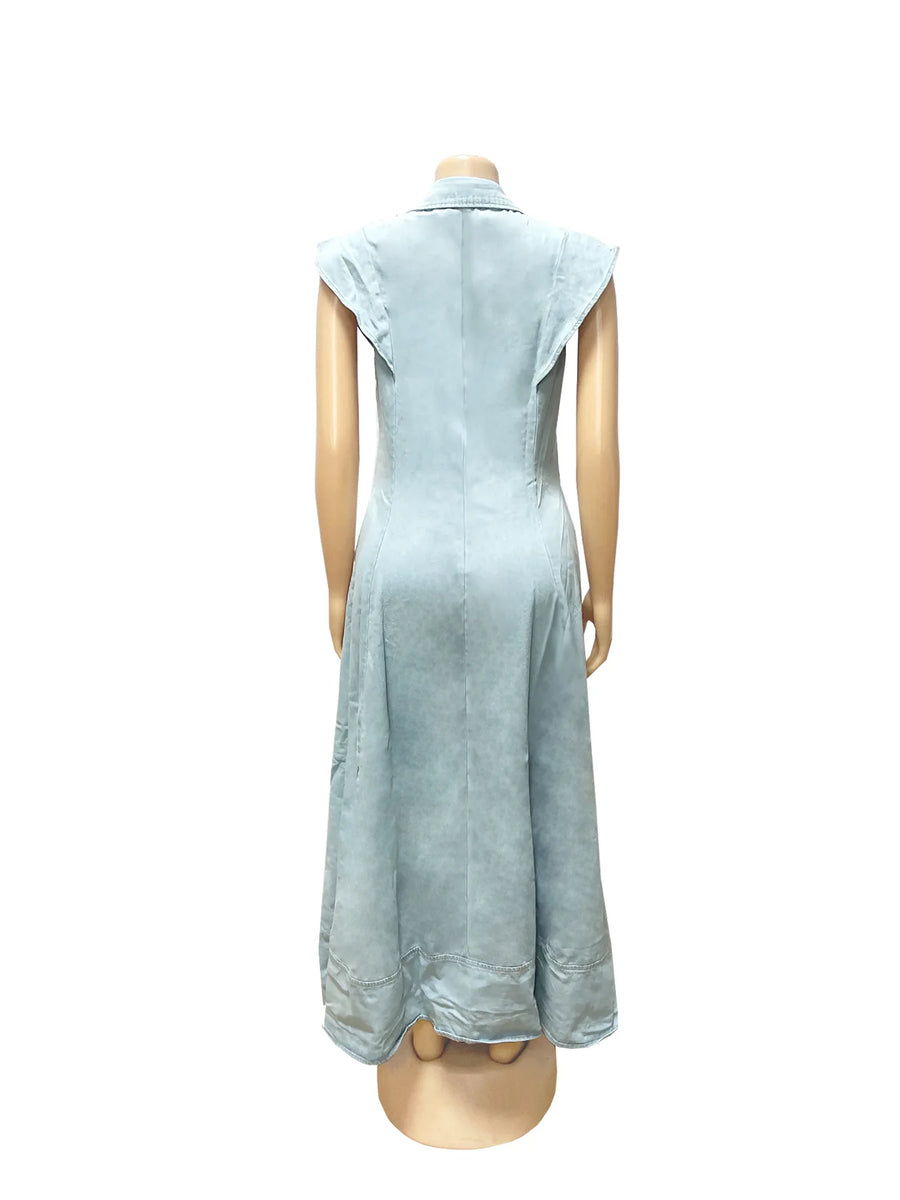 Long Dress Women Denim Dresses A Line Vestidos  Streetwear Turn Down Collar Sleeveless Elegant Casual Loose