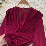 Elegant Pleated Vintage V-neck Chic Long Sleeve Slim Split Dress Korean Fashion Evening Party High Street Autumn Winter Clothing