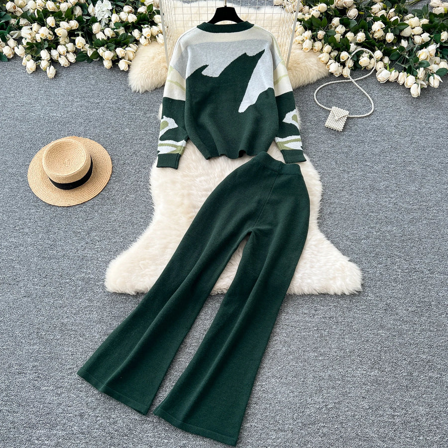 Casual Knitted Sets Ladies O Neck Loose Multicolor Tops+Basic Long Pants American Style High Quality Sweater Suits