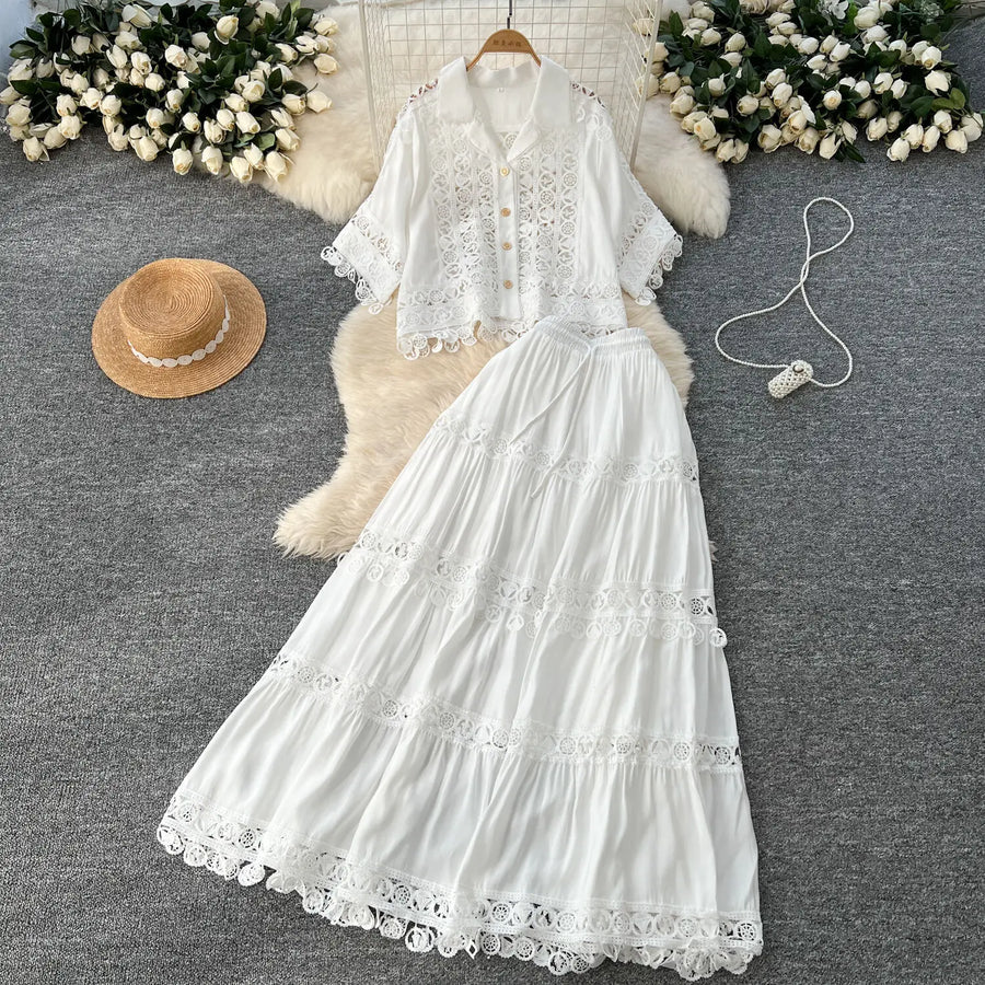 Luxury Long Dresses 2 Piece Sets Women Summer Holiday Hollow Out Crop Tops Elastic Waist Maxi Skirts Suits A Line Party Vestidos