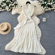 SINGREINY 1950s Ribbed Knit Dress Sleeveless Lapel Belt French Ins Chic Spring Summer Celebrity Style Feminine A-line Long Dress