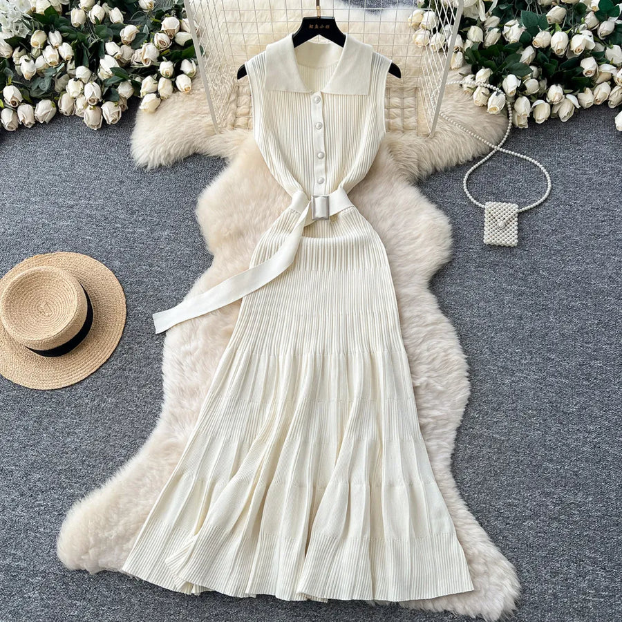 SINGREINY 1950s Ribbed Knit Dress Sleeveless Lapel Belt French Ins Chic Spring Summer Celebrity Style Feminine A-line Long Dress