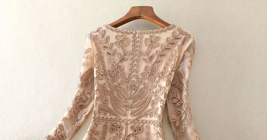 3/4 Sleeve V Neck Flower Embroidery Dress with High Quality Sequins