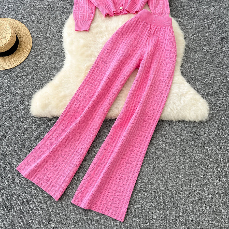 High quality long sleeve cardigan + long elastic pants knitted sets