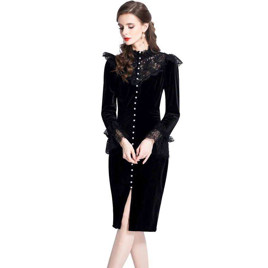 High Quality Bodycon Bodycon Pearl Buttons Flare Sleeve Lace Patchwork Velvet Dress