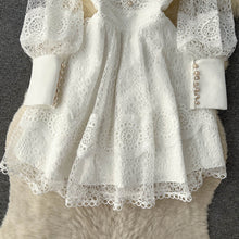 Vintage Flowers Embroidered Hollow Out Lace Dress High Neck Long Lantern Sleeve High Quality Pearl Buttons