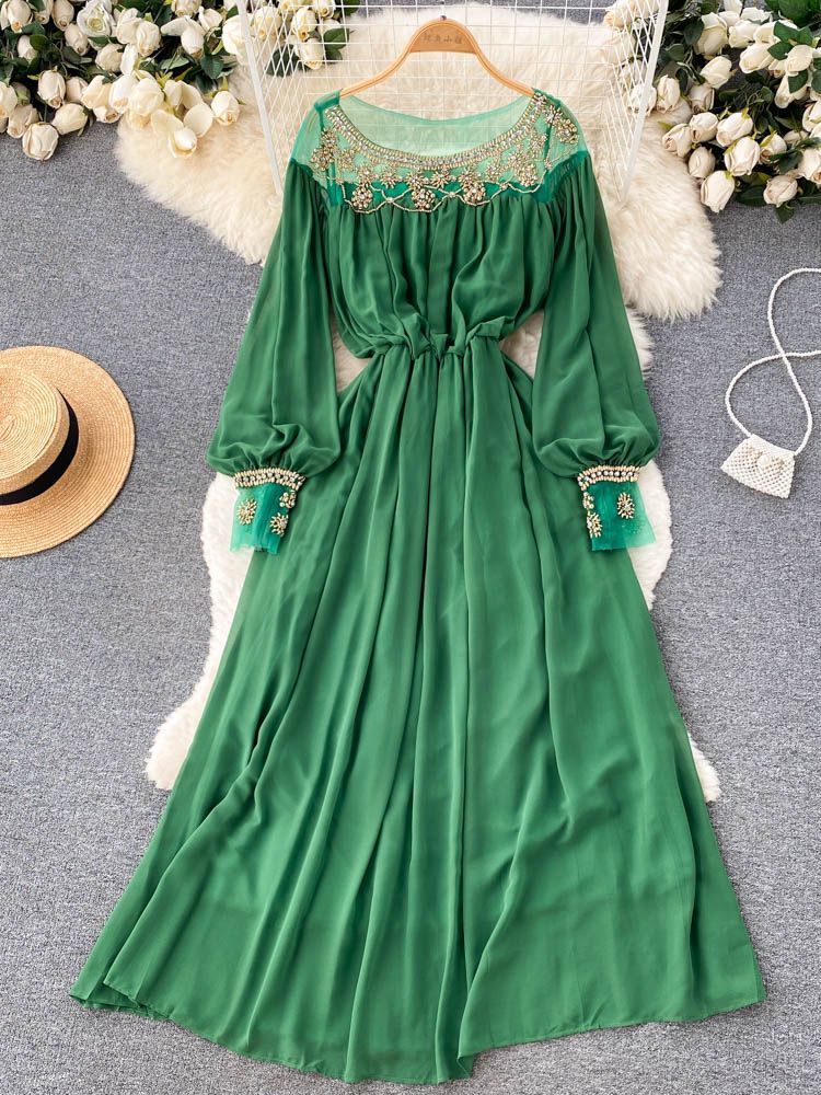 High Quality Various Colors Lantern Sleeve O Neck Maxi Embroidered Dress