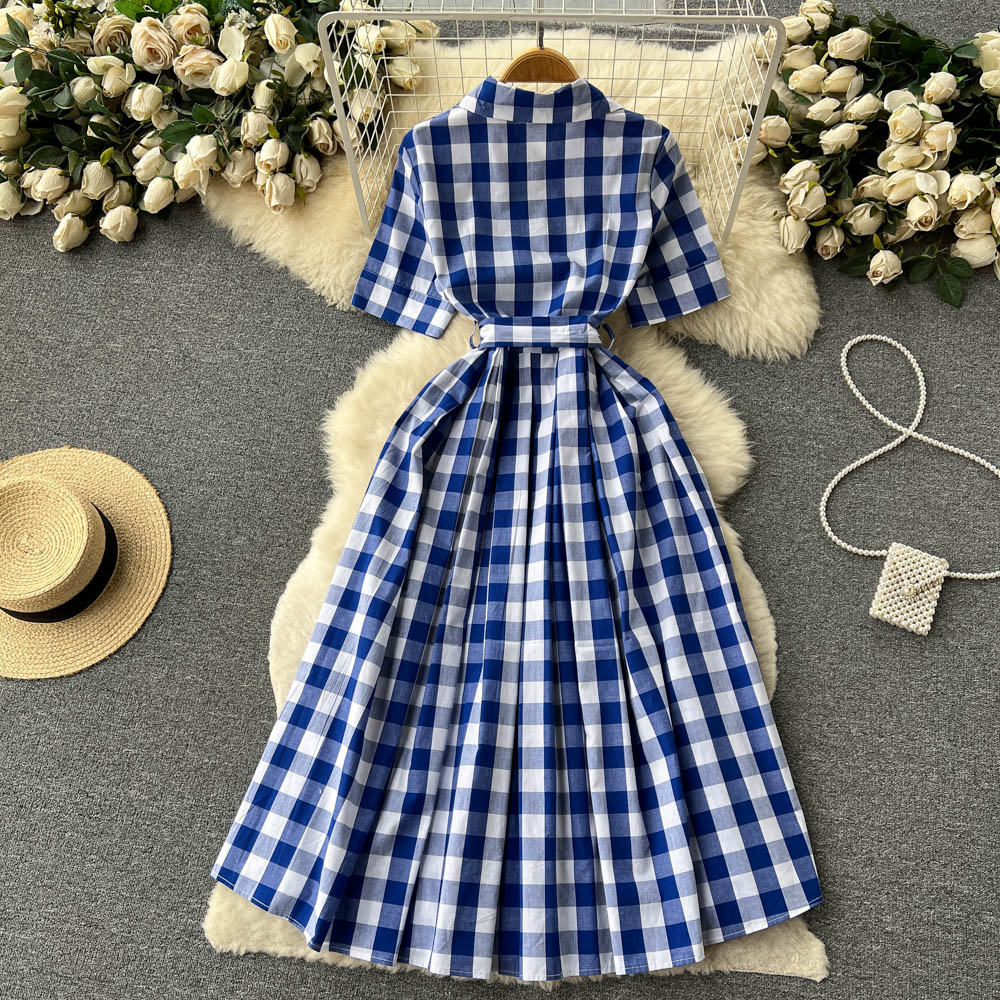 Blue and White Plaid Shirt Dress Short Sleeve Cross Sashes Lace Up Vintage Midi High Quality