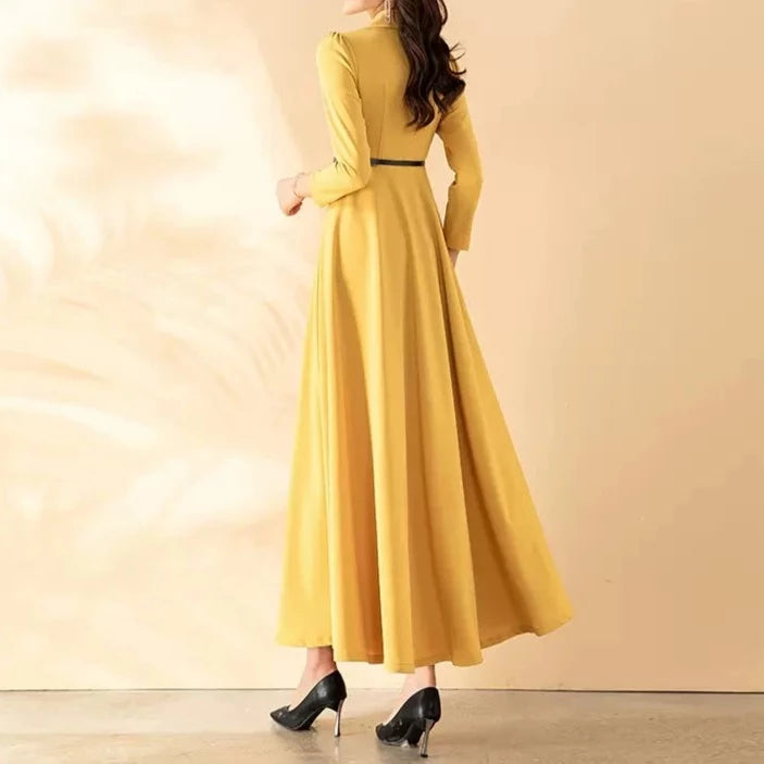 High quality long sleeve collar elegant dress Yellow / S High quality long sleeve collar elegant dress Yellow / S
