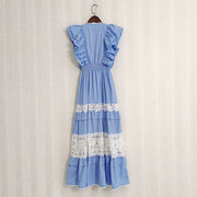 Blue Black White Butterfly Sleeve Long Dress with High Quality Lace