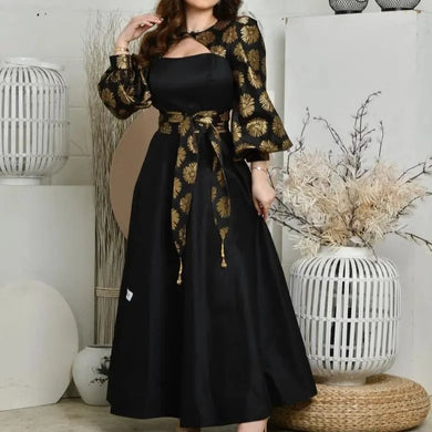 High Quality Black Print Satin Elegant Dress
