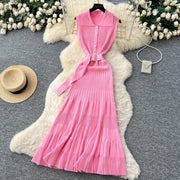 SINGREINY 1950s Ribbed Knit Dress Sleeveless Lapel Belt French Ins Chic Spring Summer Celebrity Style Feminine A-line Long Dress