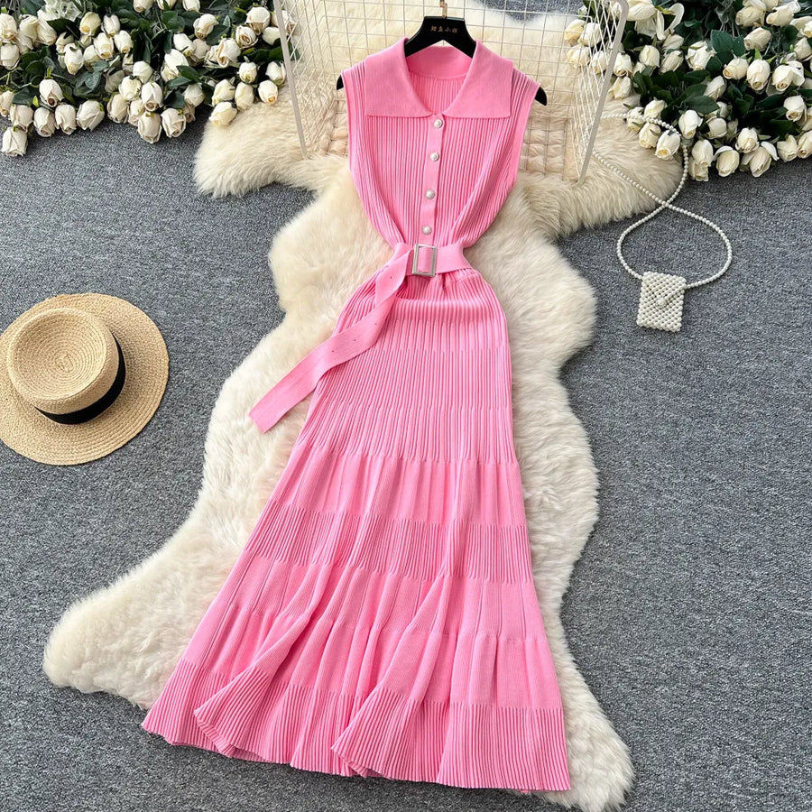SINGREINY 1950s Ribbed Knit Dress Sleeveless Lapel Belt French Ins Chic Spring Summer Celebrity Style Feminine A-line Long Dress
