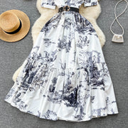 Vintage Turndown Collar Short Sleeve Ink Print High Quality Leather Belt Maxi Dress