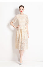 High Quality Hollow Out Short Sleeve Vintage Solid Midi Length Embroidery Lace Elegant Dresses