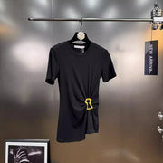 Casual plain pleated patchwork round neck short sleeve t-shirts with spliced metal buckle