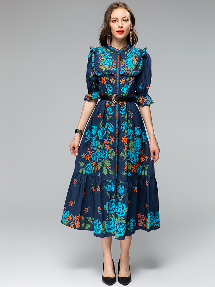 Floral three-quarter sleeve midi dress with high quality belt