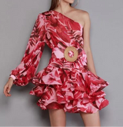 Sexy Diagonal Collar Long Sleeve Floral Mini Dress Elegant Slanted Shoulder Belt Printing Slim Dress Women Party Club Evening