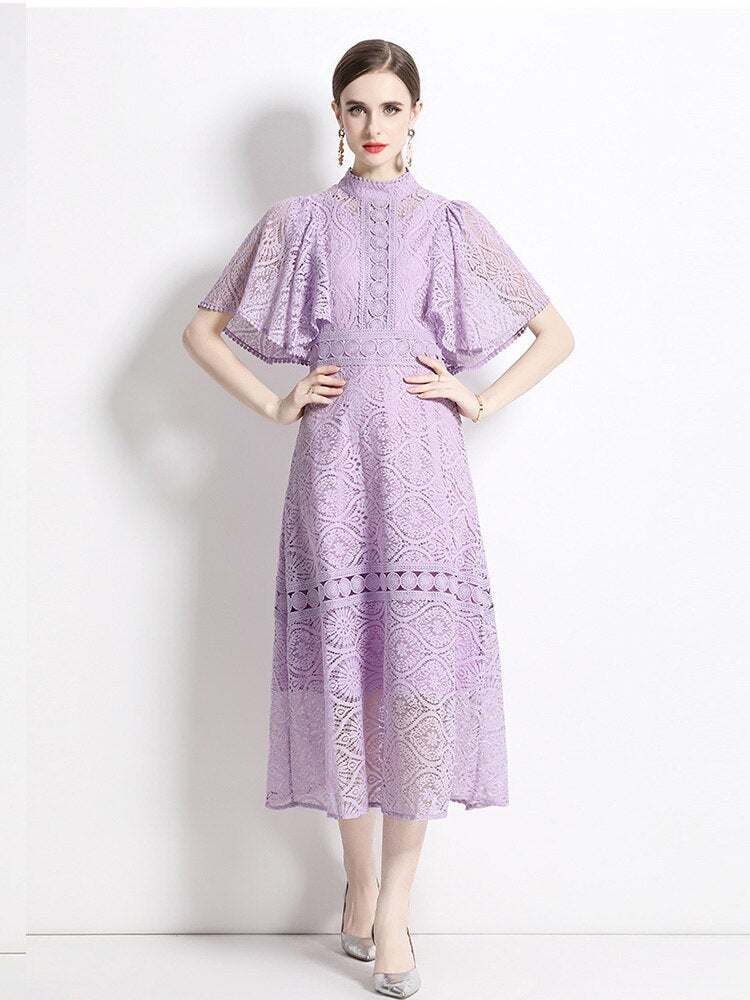 High Quality Long Purple Lantern Sleeve Elegant Lace Dress