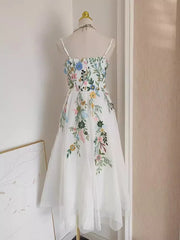 Spaghetti strap dress, colorful flower embroidery, slim mesh, high quality elegant