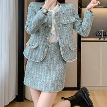 Autumn Winter High Quality New Blue Tweed Two-Piece Set Women Beaded Short Jacket + Mini Skirt Elegant Temperament Chic Suits