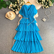 Women Long Dress Cake Dresses A Line Vestidos  Streetwear V Neck Short Sleeve Elegant Party Work Slim Fit Casual Summer
