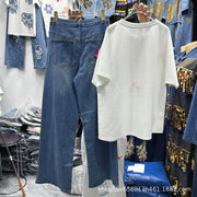 Age Reduction Female Two-piece Set Cute Bow Diamonds Beads O-neck Pullover T-shirt Top + High Waist Straight Denim Pants Suits
