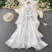 Fashion Temperament Bandage Slim Waist Dress Fairy Gauze Ruffled Long Robe Turn-down Collar Single Breasted Diamonds Vestidos