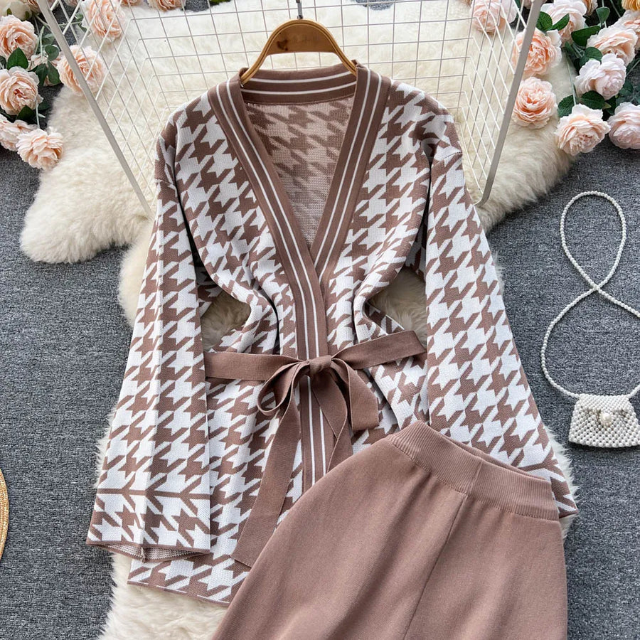 Two Piece Sets V-neck Bowknot Sweater Top + High Waist Draped Long Pants