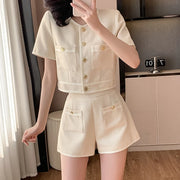 Two 2 Piece Shorts Sets Women Tweed Shorts Suits Office Ladies Single-Breasted Short Sleeve Jacket Coat High Waist Shorts S-XL