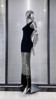 Black bodycon dress with tassel hem and shiny mesh with diamonds