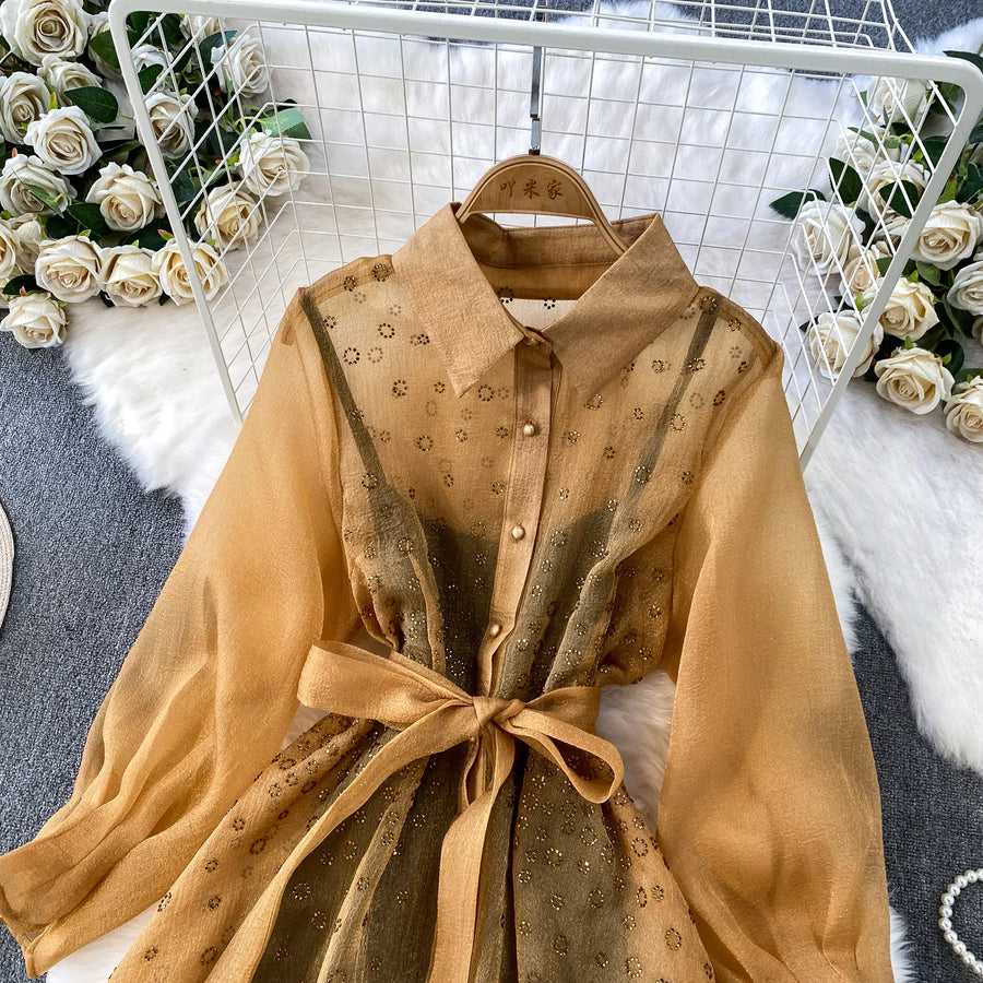 Fashion Temperament Bandage Slim Waist Dress Fairy Gauze Ruffled Long Robe Turn-down Collar Single Breasted Diamonds Vestidos