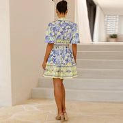 Women Elegant Floral Print Turndown Collar Single Breasted A Line Mini Dress