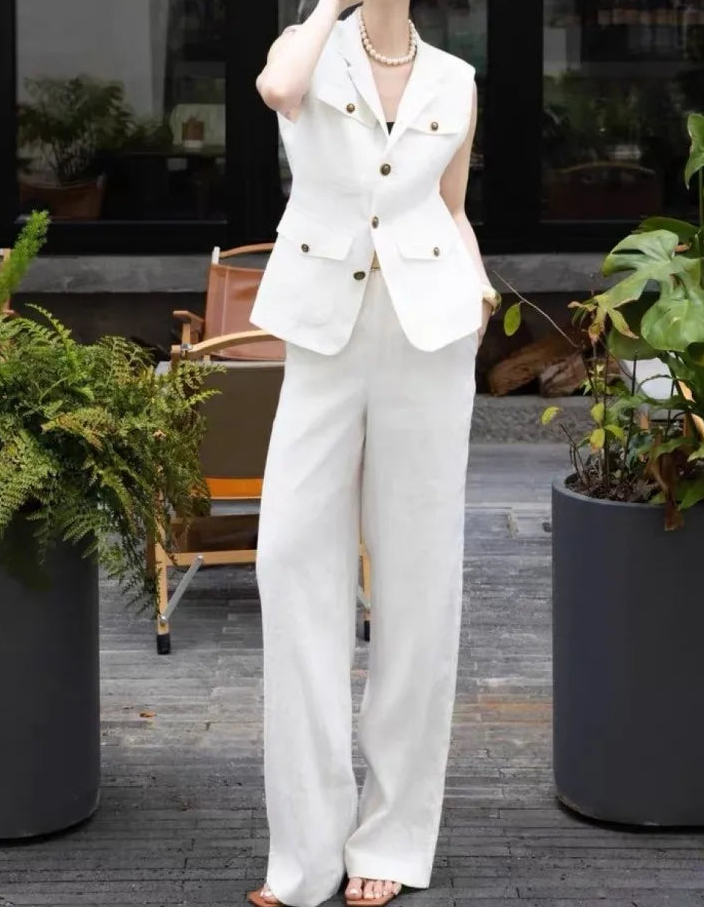 Summer Womens Sleeveless Linen Sets Stand Collar Fashion Office Lady Two Piece Vest Set Thin Full Length Wide Leg Pant Outfits