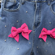Age Reduction Female Two-piece Set Cute Bow Diamonds Beads O-neck Pullover T-shirt Top + High Waist Straight Denim Pants Suits