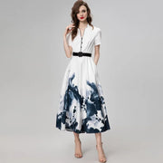 High Quality Elegant V Neck Ink Flower Print Long Dress