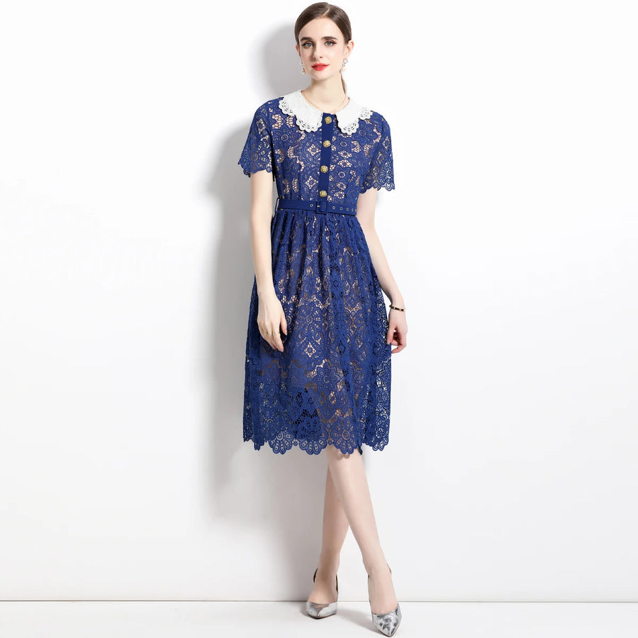 High quality short sleeve elegant blue white pink lace dress with gold buttons and belt below knee length.