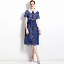 High quality short sleeve elegant blue white pink lace dress with gold buttons and belt below knee length.