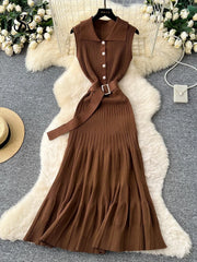 SINGREINY 1950s Ribbed Knit Dress Sleeveless Lapel Belt French Ins Chic Spring Summer Celebrity Style Feminine A-line Long Dress