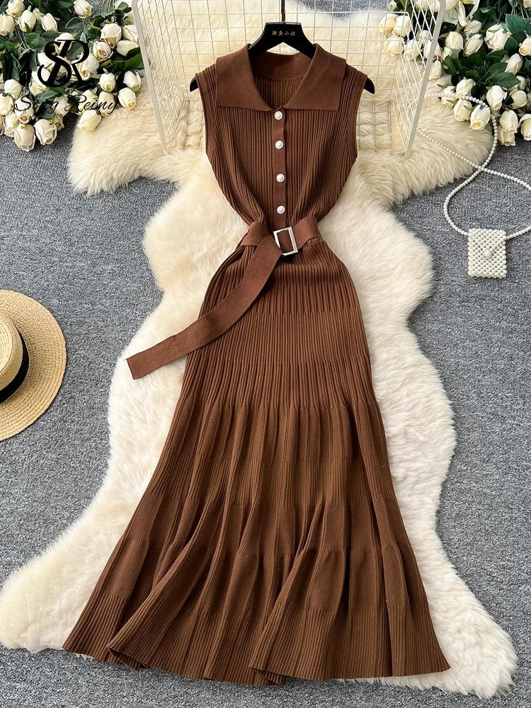 SINGREINY 1950s Ribbed Knit Dress Sleeveless Lapel Belt French Ins Chic Spring Summer Celebrity Style Feminine A-line Long Dress