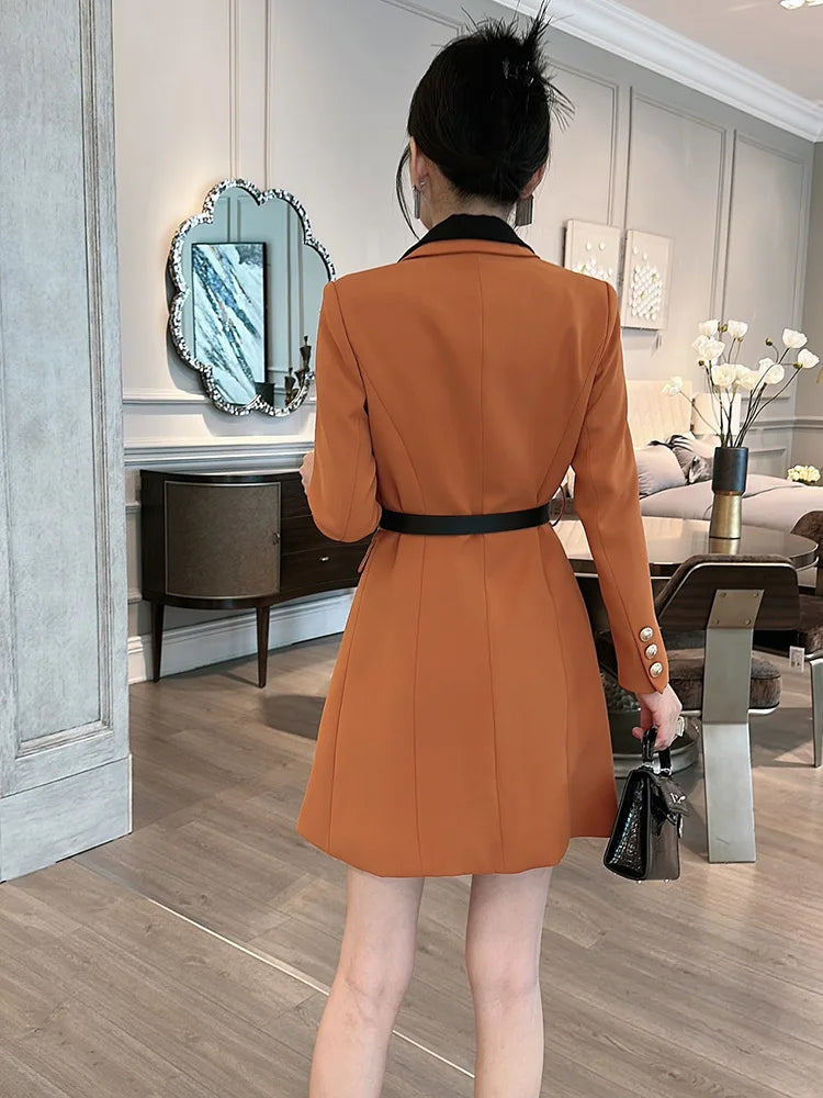 High Quality Long Sleeve Double Breasted Belt Office Dress