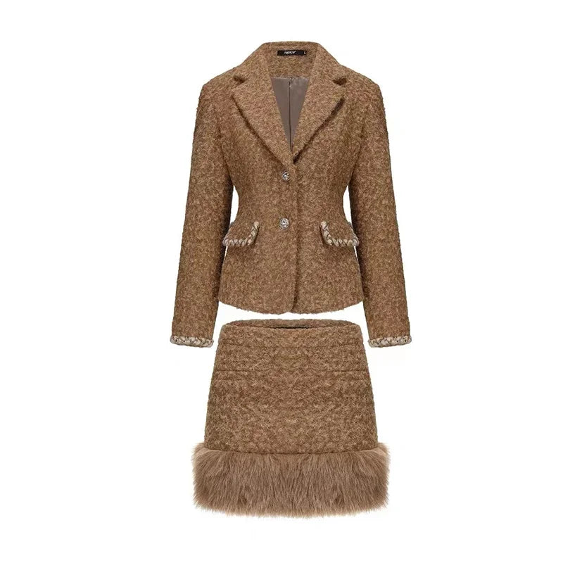 Autumn two-piece tweed set: long-sleeved short jacket + A-line mini skirt
