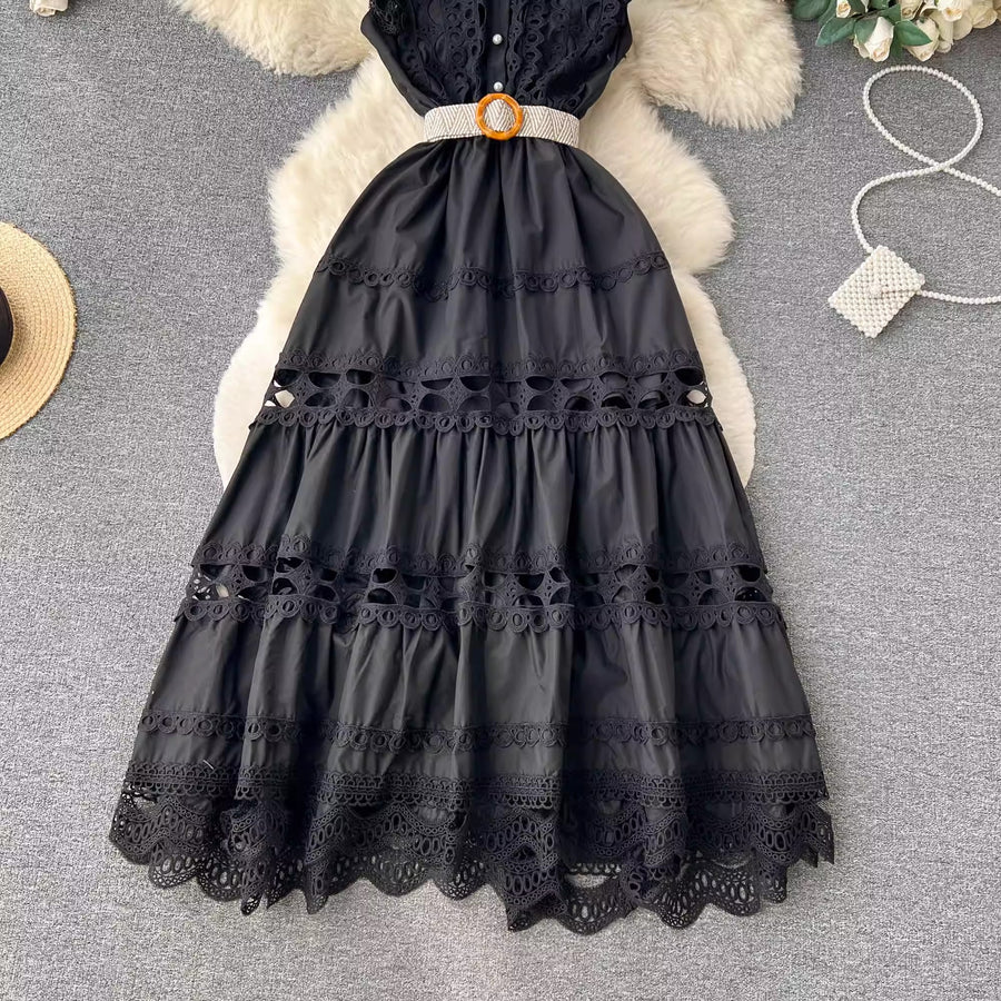 High Quality Sleeveless Stand Collar Hollow Out Belt Water Soluble Embroidery Embroidery Long Elegant Dress